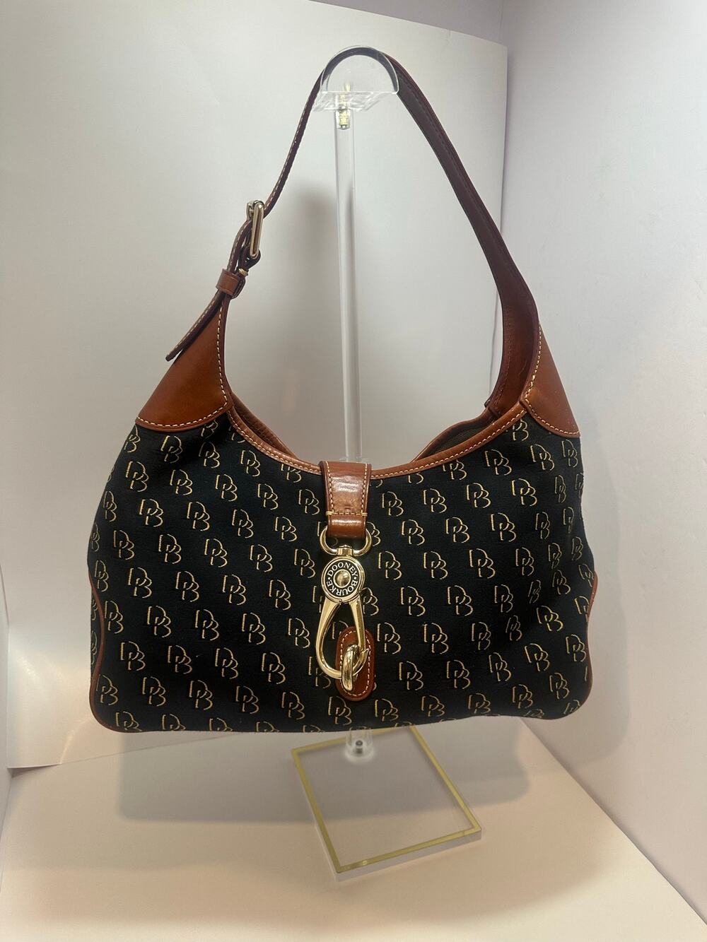Dooney & Bourke Signature Monogram Black Brown Leather Trim Hobo Shoulder Bag